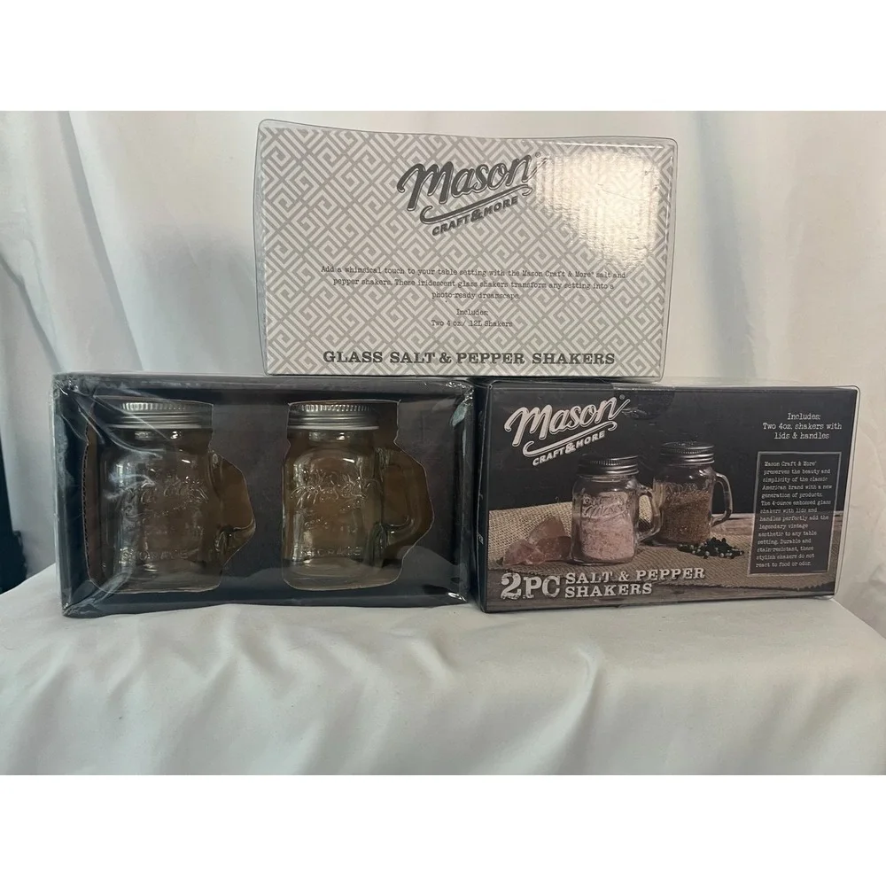 3X Mason Craft & More Glass Salt & Pepper Shakers Mason Jar w/ Handles 2 Pc Set